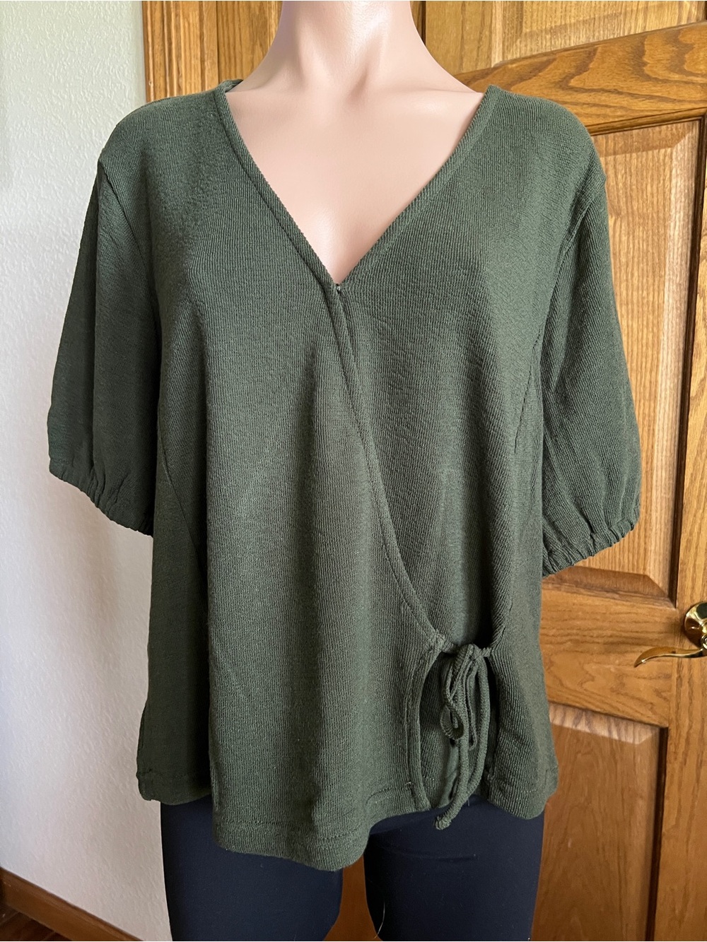 dip Olive Green Short Sleeve V-Neck Tie-Side Sweater L NWT